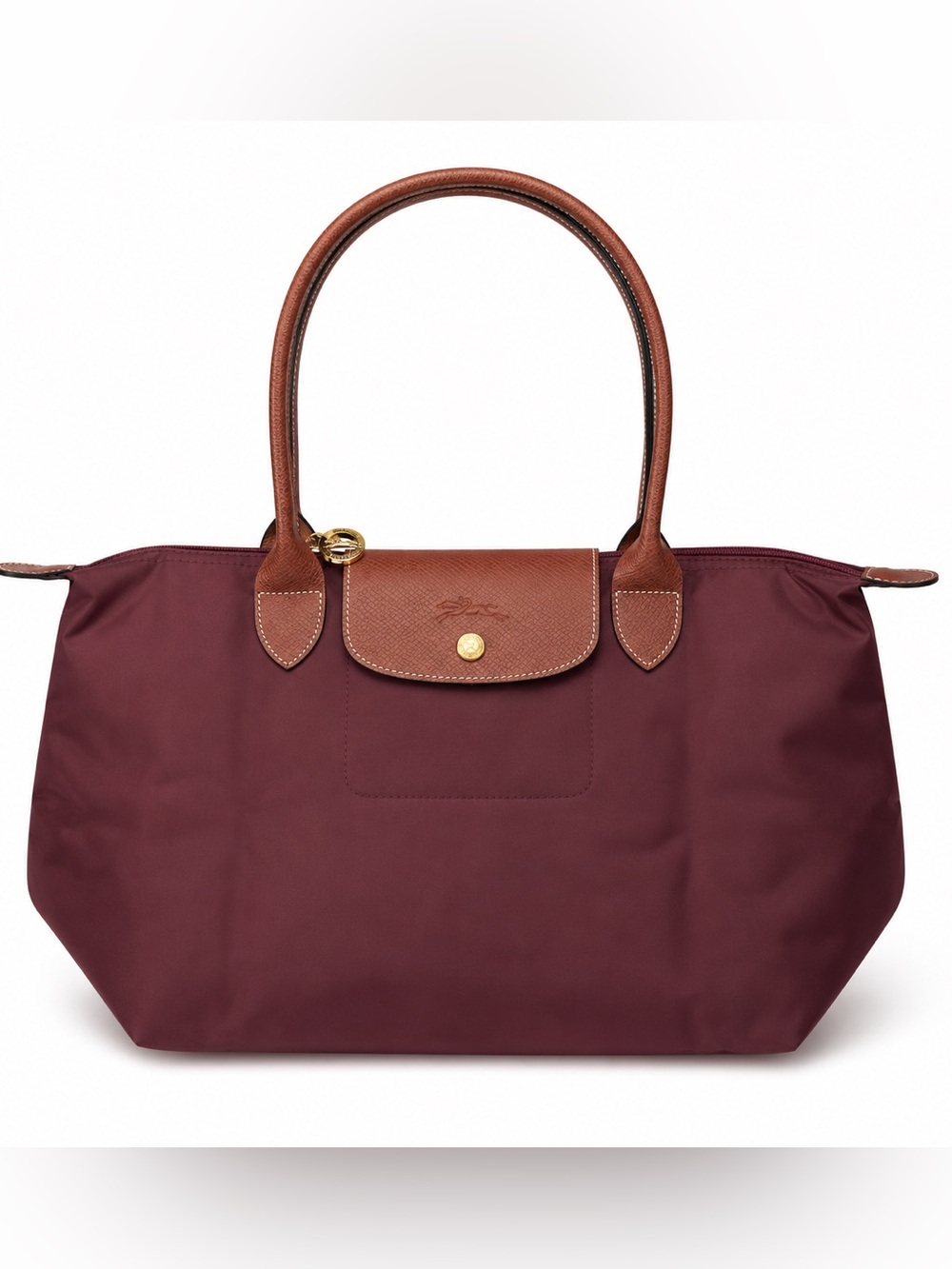 Longchamp medium Classic Burgundy Tote with Brown Leather Trim